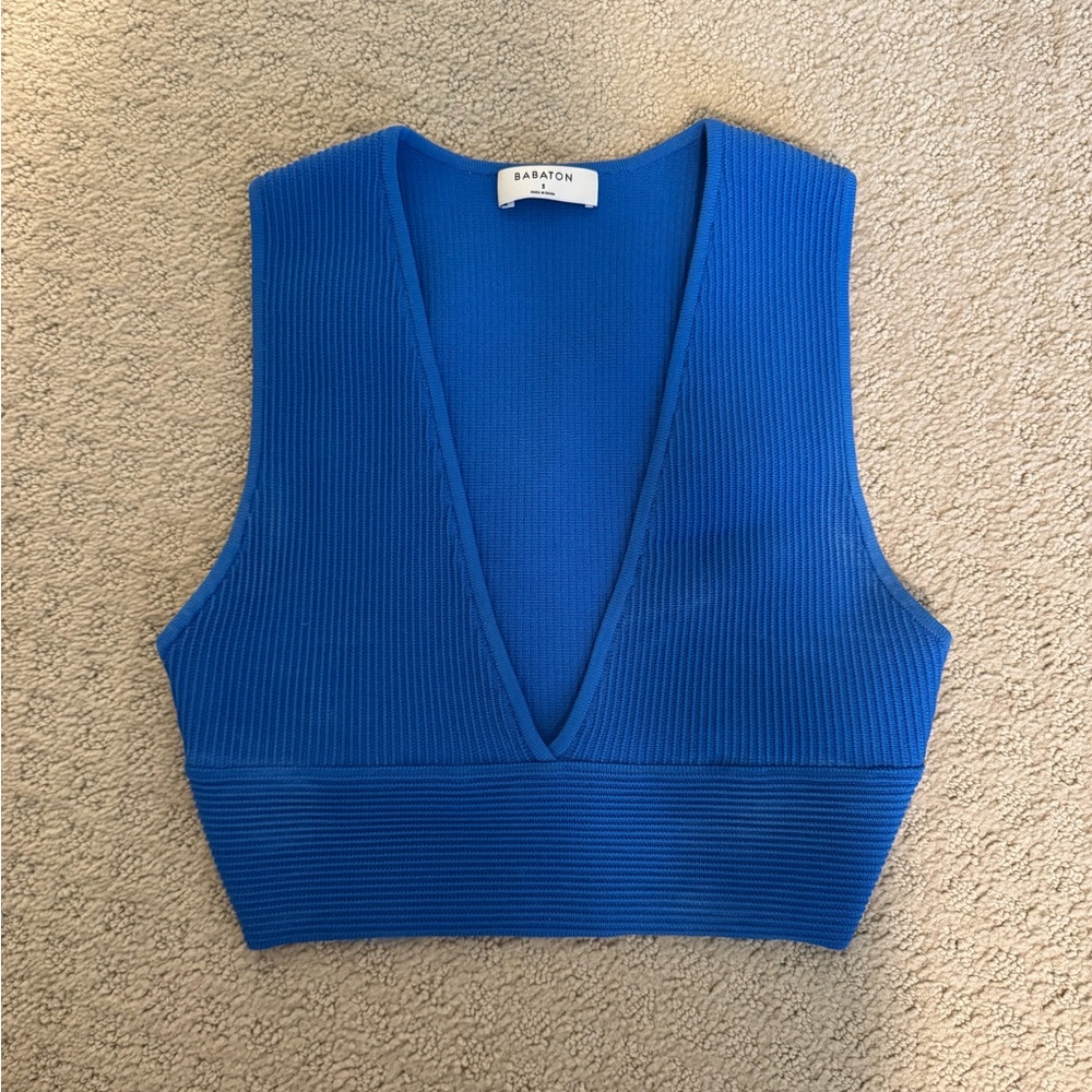 Babaton Blue Ribbed Crop Tank Top